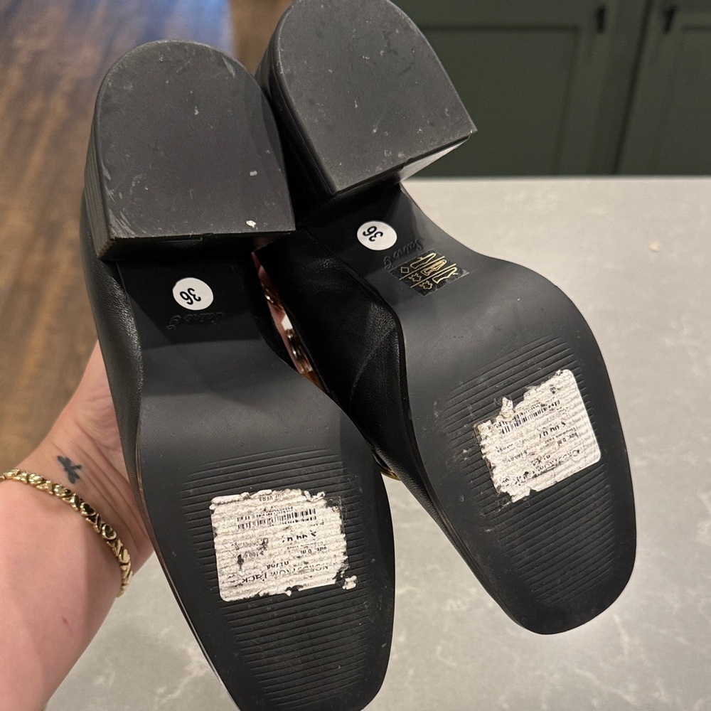 Saint Grace Black Leather Heeled Loafers with Gold Hardware - Picture 3 of 8